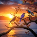 Serene Sunrise with Colorful Birds in a Fantastical Orchestra