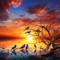 Serene Sunrise with Colorful Birds in a Fantastical Orchestra