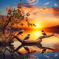 Serene Sunrise with Colorful Birds in a Fantastical Orchestra