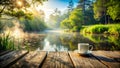 Serene sunrise a cup of tranquility on a rustic dock by a misty river. Generative AI Royalty Free Stock Photo