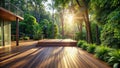 Serene sunrise deck overlooking lush foliage and tranquil forest. Generative AI Royalty Free Stock Photo