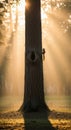 Serene sunrise in forest with squirrel climbing tree trunk illuminated by sunlight filtering through trees Royalty Free Stock Photo