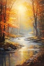 Serene Sunrise: A Golden Morning in the Misty Stream Forest Royalty Free Stock Photo