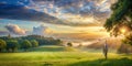 Serene sunrise landscape featuring a target in a verdant meadow. Generative AI Royalty Free Stock Photo