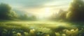 Serene Sunrise in Misty Flower Meadow, AI Generated Royalty Free Stock Photo