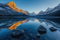 Serene sunrise at mountain lake with snowy peaks reflection