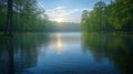 Serene sunrise over misty forest lake Royalty Free Stock Photo