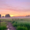 Serene sunrise over misty golf course path Royalty Free Stock Photo