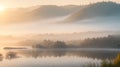 A serene sunrise over a tranquil lake, with mist rising from the water
