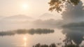 A serene sunrise over a tranquil lake, with mist rising from the water.