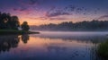 Peaceful Sunrise Over Misty Lake with Flock of Birds Flying in the Sky Royalty Free Stock Photo