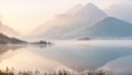 A serene sunrise over a tranquil mountain lake with mist rising from the water.