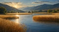 Golden River Flowing Through Wheat Fields at Sunset, Calm Serene Scenery Royalty Free Stock Photo