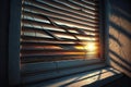serene sunrise, with rays of sun shining through cracks in the window blinds
