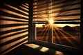 serene sunrise, with rays of sun shining through cracks in the window blinds