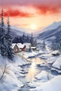 Serene Sunrise at the River Cabin: A Winter Escape with a Touch Royalty Free Stock Photo