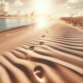 Tranquil Sunrise Over Sandy Beach with Footprints, AI Generated