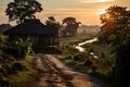 A serene sunrise scene over an Indian village