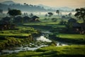 A serene sunrise scene over an Indian village landscape