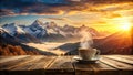 Serene sunrise a warm beverage on a rustic wooden table overlooking a misty mountain range. Generative AI Royalty Free Stock Photo
