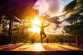 Serene Sunrise Yoga: Graceful Warrior Pose in Vibrant Purple Attire