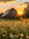 A serene sunset bathes an old wooden barn in golden light amid a vibrant field of daisies, capturing the tranquil Royalty Free Stock Photo