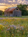 A serene sunset bathes an old wooden barn in golden light amid a vibrant field of daisies, capturing the tranquil Royalty Free Stock Photo