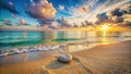 Serene sunset beach scene with heart shaped stone. Generative AI Royalty Free Stock Photo