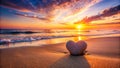 Serene sunset beach scene with a heart-shaped stone. Generative AI Royalty Free Stock Photo
