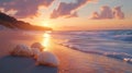 Serene Sunset Beach with Seashells Generative AI Royalty Free Stock Photo