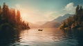 Serene Sunset Boat On Lake In The Mountains
