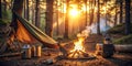 Serene sunset campsite hammock, campfire, and cozy evening ambiance in the woods. Generative AI Royalty Free Stock Photo