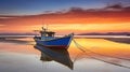 A Serene Sunset Embraces a Fishing Boat amidst Low Tide. Generative AI Royalty Free Stock Photo