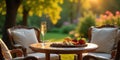 Serene sunset garden feast sparkling wine, cheese, and fruit on a wooden table. Generative AI Royalty Free Stock Photo