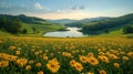 Serene sunset lake, wildflowers, rolling hills, meadow Royalty Free Stock Photo