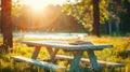 Serene Sunset at Lakeside Picnic Spot with Glowing Forest Background Royalty Free Stock Photo