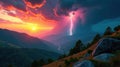 Serene sunset landscape with dramatic lightning strike over rolling mountains and lush greenery. Generative AI Royalty Free Stock Photo