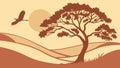 Serene Sunset Landscape with Tree and Bird, vector design Generative AI Royalty Free Stock Photo
