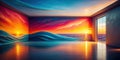 Serene sunset ocean waves mural in modern room interior. Generative AI Royalty Free Stock Photo