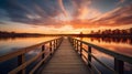 A serene sunset over a calm lake with a small wooden dock, AI generated Royalty Free Stock Photo