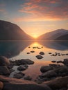 A serene sunset over a calm lake surrounded by mountains