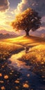 Serene Sunset Over Glowing Meadow and Majestic Tree Landscape Royalty Free Stock Photo