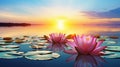 Serene sunset over a lake with pink lotus flowers