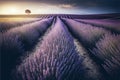 Serene Sunset Over Lavender Fields: A Tranquil Countryside Scene, ai generative