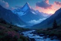 Serene sunset over majestic mountain range and tranquil river valley. Generative AI Royalty Free Stock Photo
