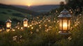 Vintage Lanterns Glow in a Flower Meadow at Sunset Creating a Magical Ambiance Royalty Free Stock Photo
