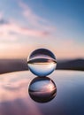 A serene sunset over mountains, reflected in a crystal ball and water, with vibrant hues