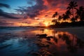 Serene sunset over the ocean and palm trees. Soft colors paint the sky., generative IA Royalty Free Stock Photo