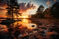 Serene sunset over river and trees., generative IA Royalty Free Stock Photo