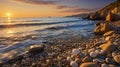 Golden Hour Serenity: Sun Kissed Pebbles and Coastal Waves at Sunset Royalty Free Stock Photo